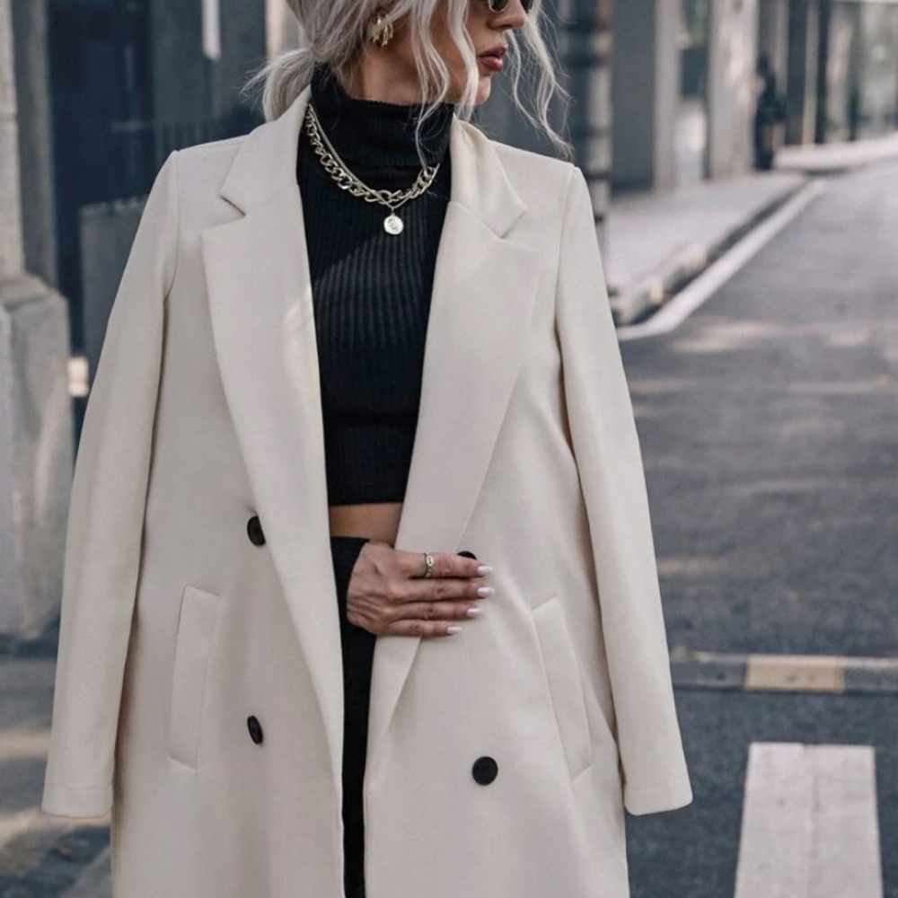 SHEIN Apricot Lapel Neck Double Breasted Long Overcoat